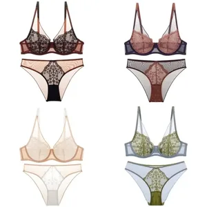 Maille dentelle fleur ensemble de soutien-gorge Lingerie sous-vêtements soutien-gorge Push Up femmes sans couture brassière maille soutien-gorge culotte Kit soirées romantiques