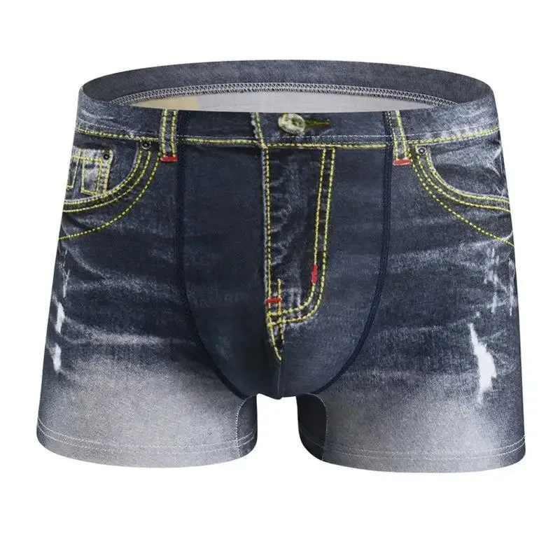 Sous-vêtements en coton imprimé denim pour hommes, 1 pièce, design en forme de U, boxer respirant, coton confortable pour hommes