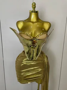 2025 Sparkly Gold Sequin Sexy Top Twee Delige Set Vrouwen Vieren Verjaardag Nachtclub Prestaties Danser Show Stage Outfit