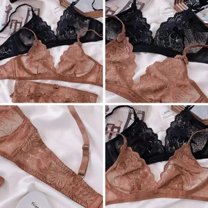 Sexy Black Lace Lingerie Set para sa Babae Kumportableng Wireless Bra at Panty Set Malaking Sukat