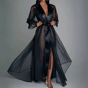 Vestido largo de Organza transparente de manga larga con cordones, vestido de verano con cuello de solapa, batas de novia a la moda, vestido de fiesta liso para mujer