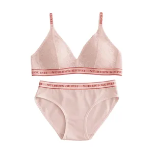 Kumportableng Letter Design Lingerie Set Deep V Wireless Women Underwear Suit Lace Color Blocking Bra Panties Set Girl