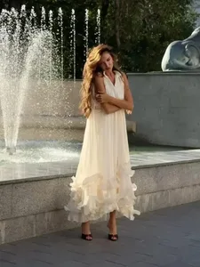 Vestido largo liso multicapa con volantes para mujer, vestidos elegantes sin mangas y con hombros descubiertos, vestidos de cintura alta, ropa de vacaciones para mujer 2026