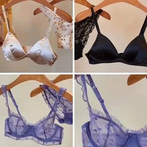 Sexy Satin Triangle Cup Non-Marking Bra Set Kumportableng Wireless Lingerie para sa Malaking Suso