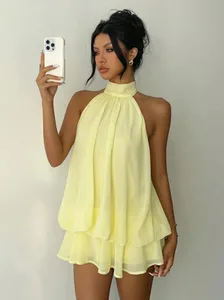 Women's Vacation Slim Fit Fashion Sexy Backless Halter Tie Waist Versatile Solid Color Dress Stylish and Comfortable Summer