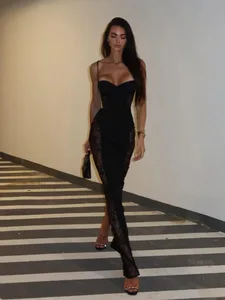 Lace Patchwork Camisoles Solid Split Women Dresses Hip Wrap Sheath Fashion Chic Party Outfits Sexy Club Trendy Female