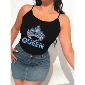 Wanita Spaghetti Strap Cami Tank Top Blue Crystal Crown Queen Letter Graphic Print Kamisol Tanpa Lengan Baju Musim Panas Kasual Asas