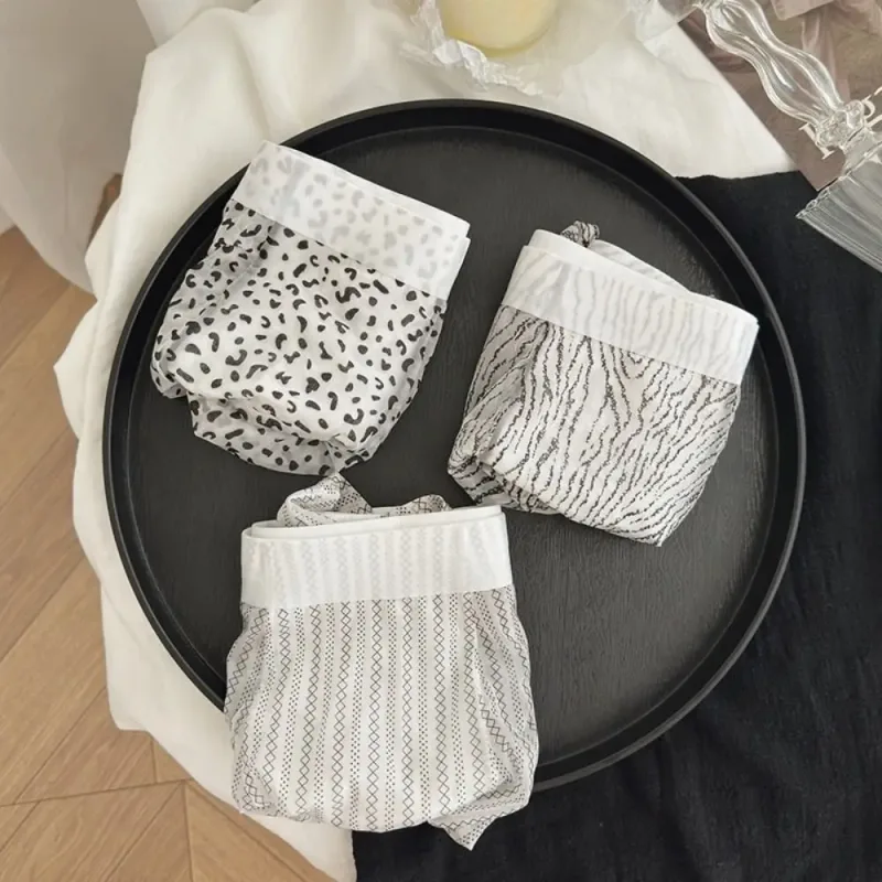 Modische, dünne Boxershorts aus Eisseide, durchsichtig, gestreift, Leopardenmuster, atmungsaktiv, nahtlos, kühles Gefühl, Unterhose für den Alltag