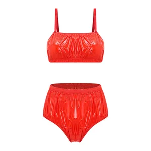 Damski błyszczący wodoodporny komplet bielizny strój kąpielowy bikini bielizna nocna Clubwear Top biustonosz bez wkładek ze strojem kąpielowym plaża basen stroje kąpielowe