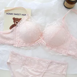 Ensemble de lingerie en dentelle transparente douce, soutien-gorge sans fil à double bretelles pour soulever et rassembler les petits bustes