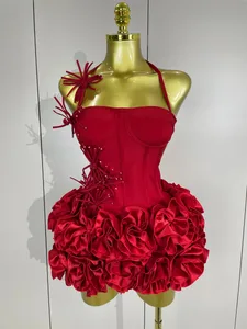 Seksi Halter Balo Elbisesi Ünlü Kulübü Iki Parçalı Set Kokteyl Zarif Kadın Moda Lüks Doğum Günü Partisi Kırmızı Siyah Bandaj Kıyafet