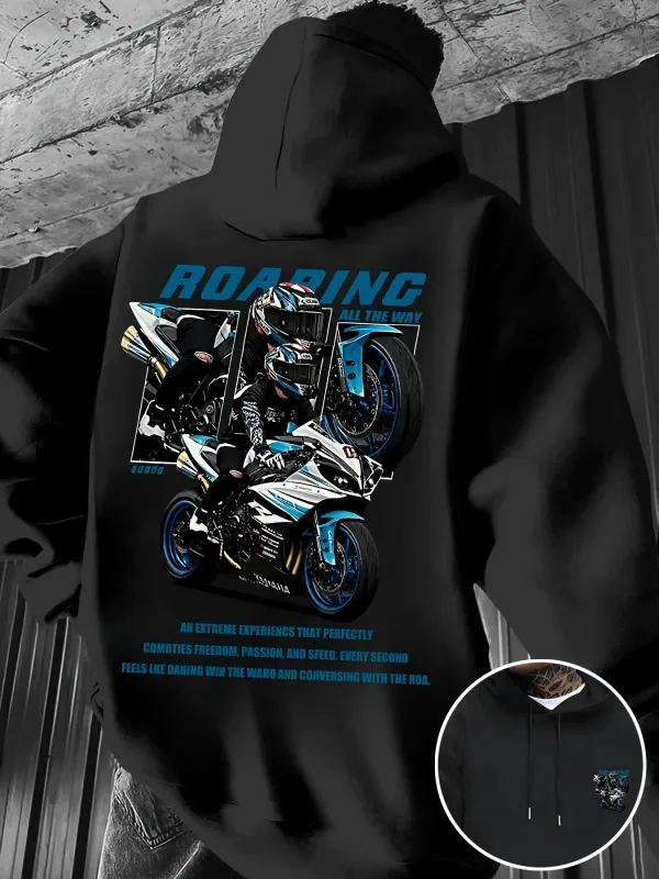 Sweatshirt Bertudung Fesyen Jalanan Lelaki Musim Sejuk dan Musim Gugur dengan Bulu Corak Cetakan "motosikal" untuk Perasaan Nyaman Hangat Luaran