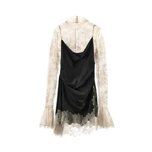 Elegante cetim floral renda retalhos mini vestido para mulheres bainha irregular vestidos de manga longa senhora 2026 chique vestidos de festa à noite
