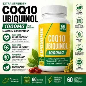CoQ10 Ubiquinol 1000 mg Cápsulas blandas veganas 60 ct Coenzima Q10 liposomal de alta absorción para el apoyo diario antioxidante de la energía del corazón