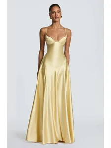 Vestido amarillo de corte bajo y espalda descubierta de cintura alta con cordones sin mangas cintura Cincher Spaghetti Strap Vestidos Fiesta Club bata de mujer